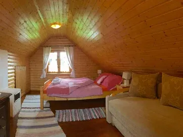 Podkrovná izba so šikmým dreveným stropom